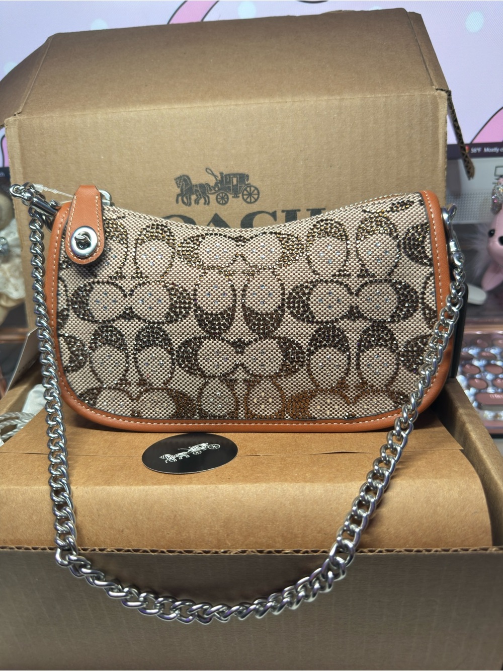 COACH Swinger Bag 20 With Chain In Crystal Signature Jacquard Shoulder Bag NEW